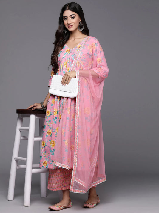 Women Pink Cotton Blend Kurta Set