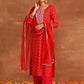 Women Red Viscose Rayon Kurta Pant Dupatta Set