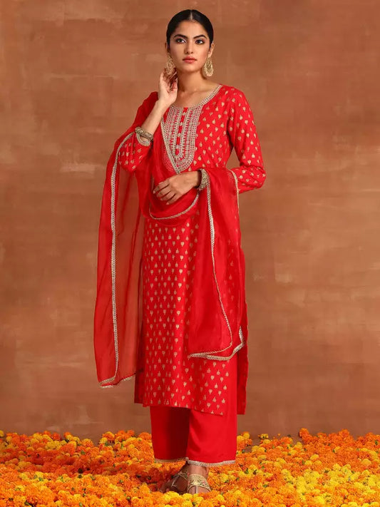 Women Red Viscose Rayon Kurta Pant Dupatta Set