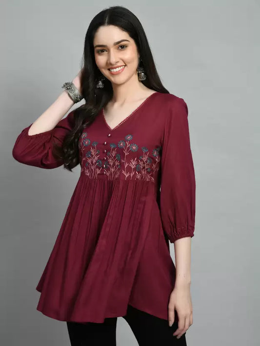 Casual Regular Sleeves Embroidered Women Maroon Top