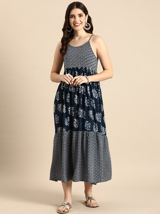 Ethnic Motifs Printed Shoulder Straps A-Line Midi Flared Ethnic Dresses