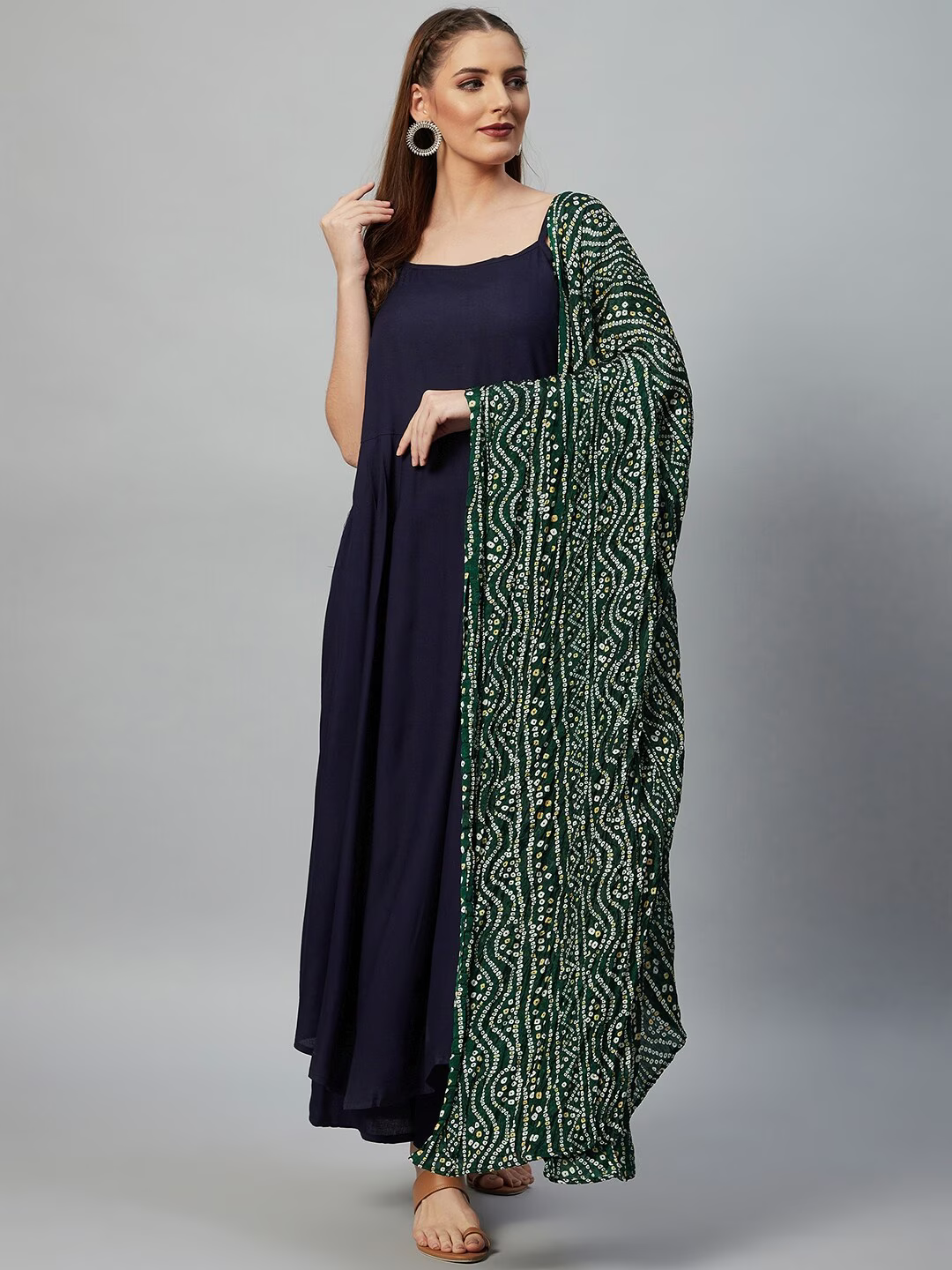 Women Navy Blue Striped Pleated Kurti set with Dupatta