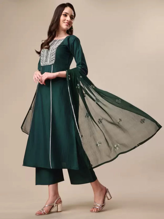 Women Green Silk Blend Kurta Palazzo Dupatta Set