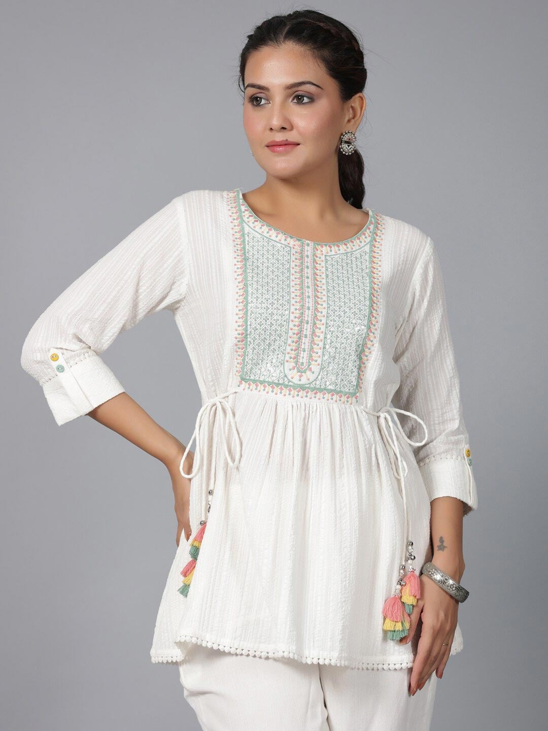 Embroidered Round Neck Three-Quarter Sleeve Co-Ords Set