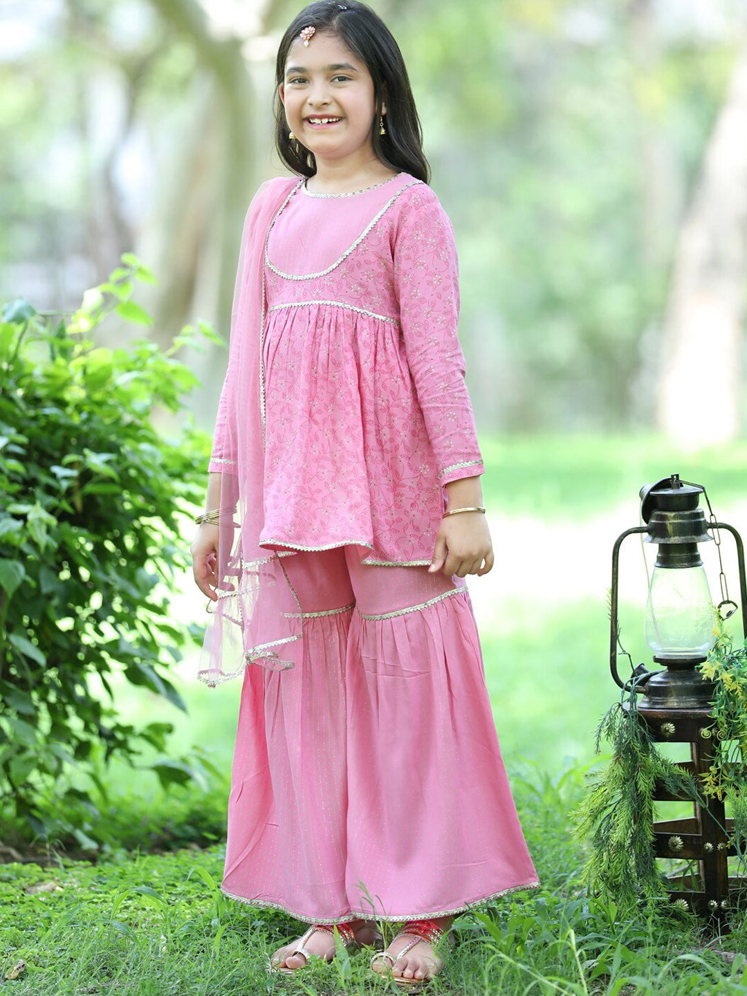 Girls Floral Motifs Printed Empire Gotta Patti Kurta & Sharara with Dupatta