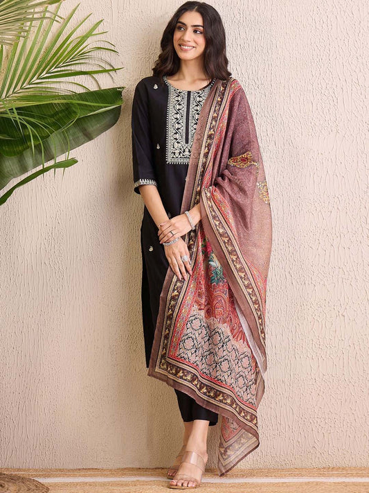 Women Ethnic Motifs Embroidered Regular Liva Kurta with Trousers & With Dupatta