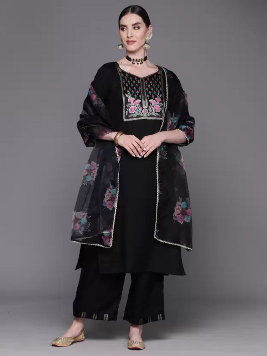 Women Black Pure Cotton Kurta Palazzo Dupatta Set