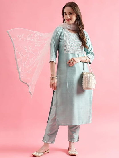 Women's Silk Blend Kurta Pant Set with Net Embroidery Dupatta