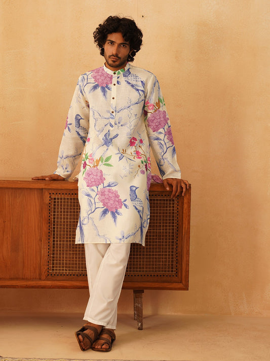 Floral Printed Pure Cotton Mandarin Collar Kurta With Trousers