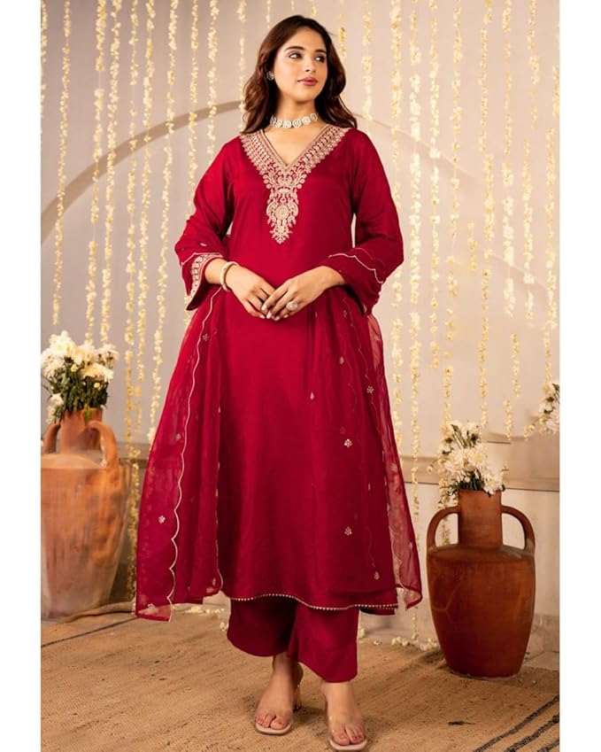 Women Embroidery Solid Anarkali Kurta and Pant Set with Dupatta