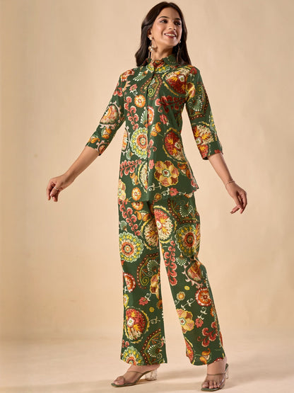 Women Green Printed Pure Cotton Shirt & Trousers Casual Co-Ord Set