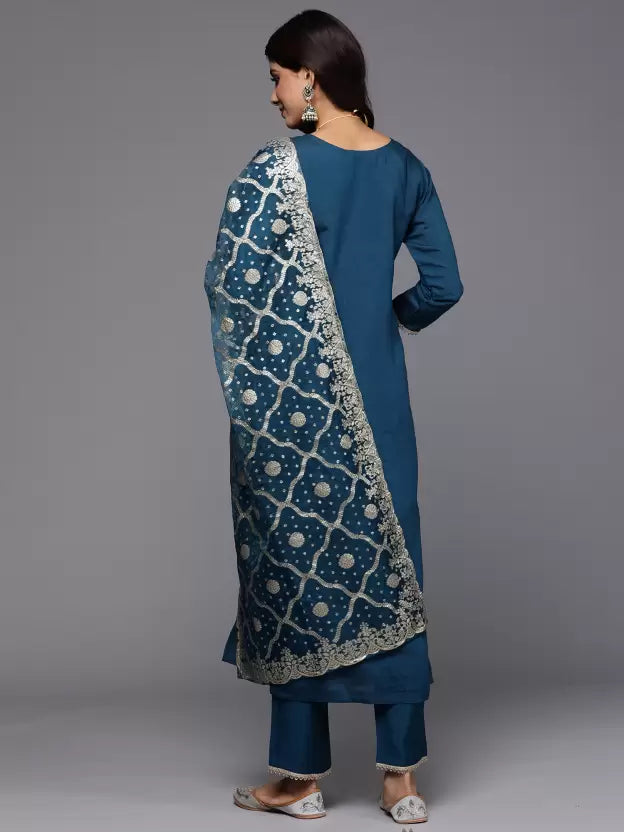 Women Blue Silk Blend Kurta Pant Dupatta Set