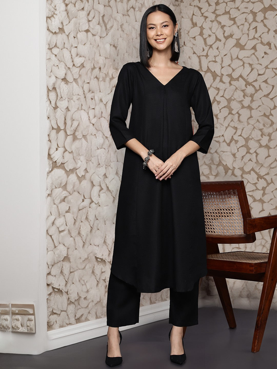 V-Neck Pleated Kurta With Trouser