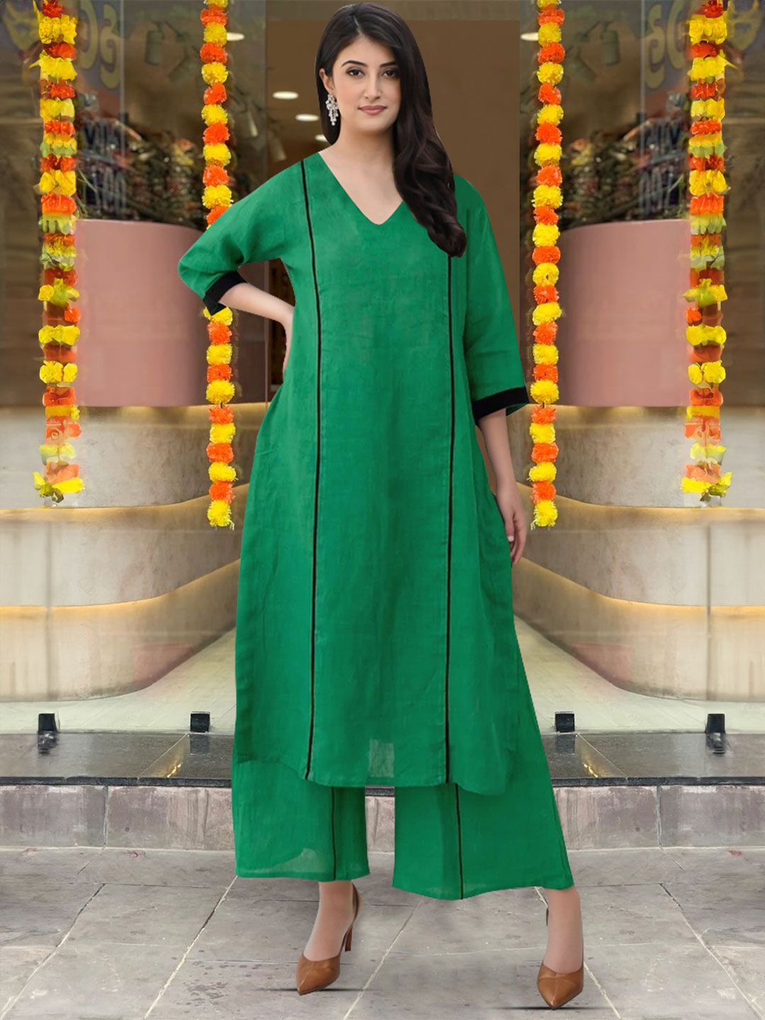 V-Neck Green Straight Kurta with Palazzos