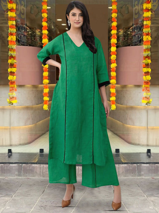 V-Neck Green Straight Kurta with Palazzos