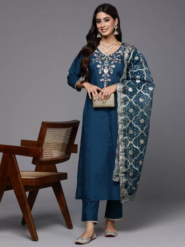 Women Blue Silk Blend Kurta Pant Dupatta Set