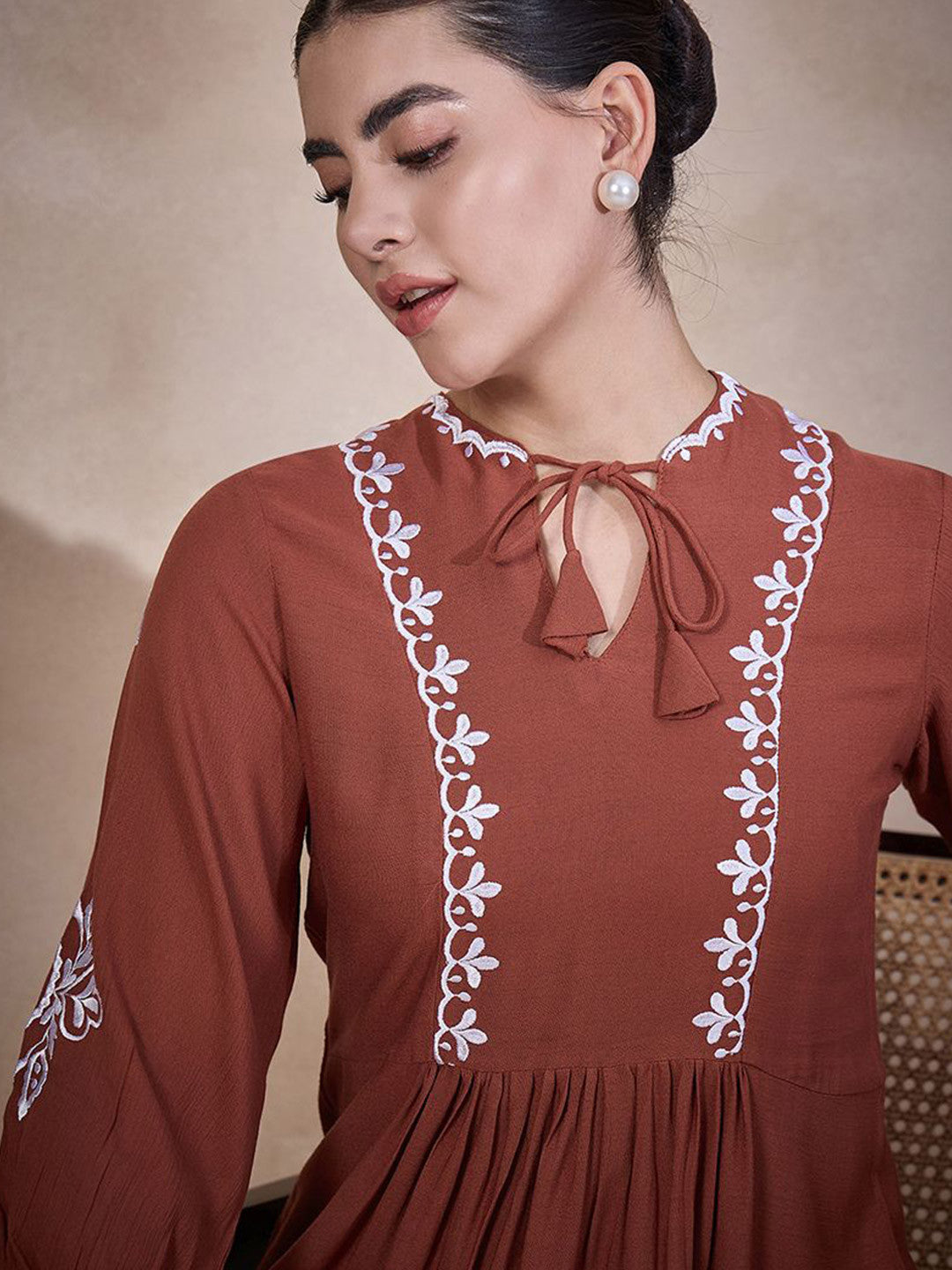 Women Embroidered Tie-Up Neck Empire Crop Top