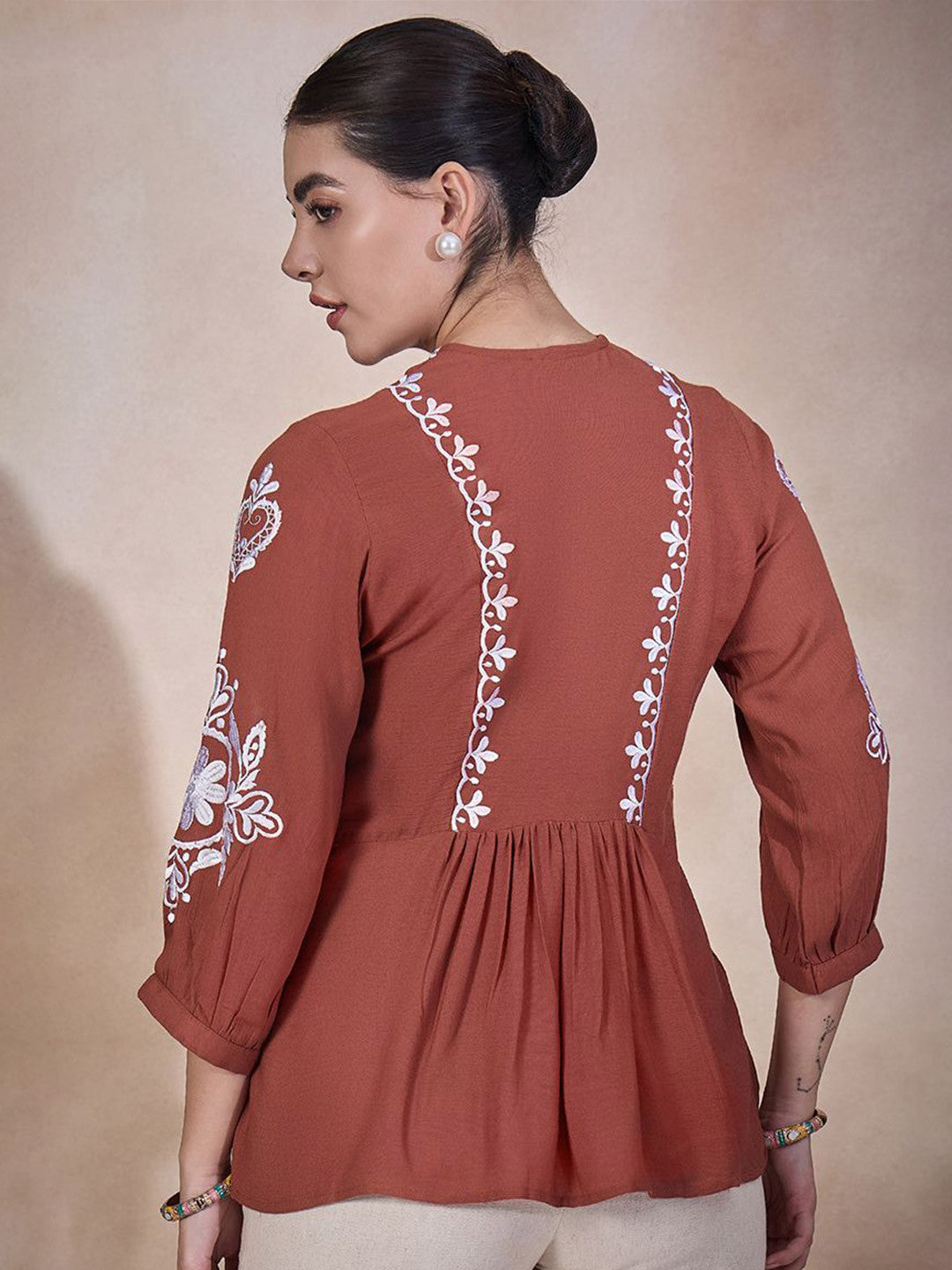 Women Embroidered Tie-Up Neck Empire Crop Top