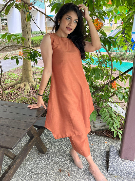 Women Rust Orange High Neck Kurta Capri Pant set