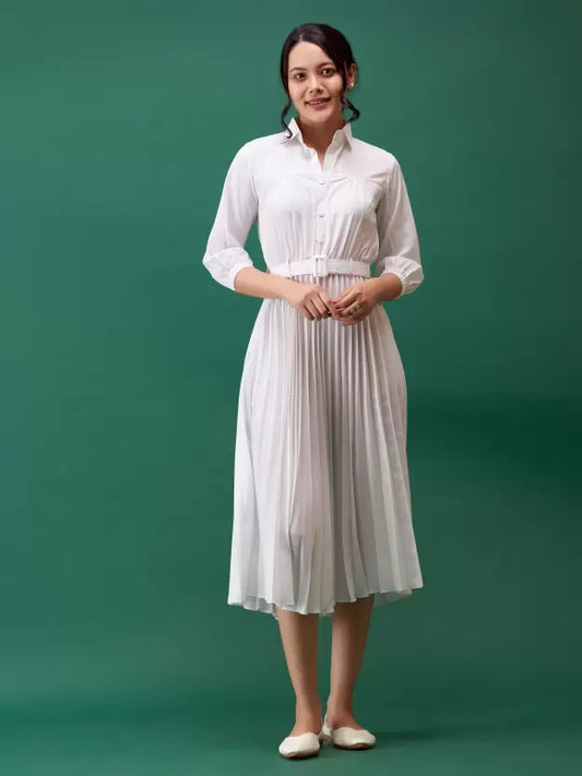 Women Trendy Pleated White Dress