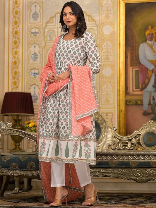 White Floral Printed Pleated Pure Cotton Kurta with Trouser & Dupatta