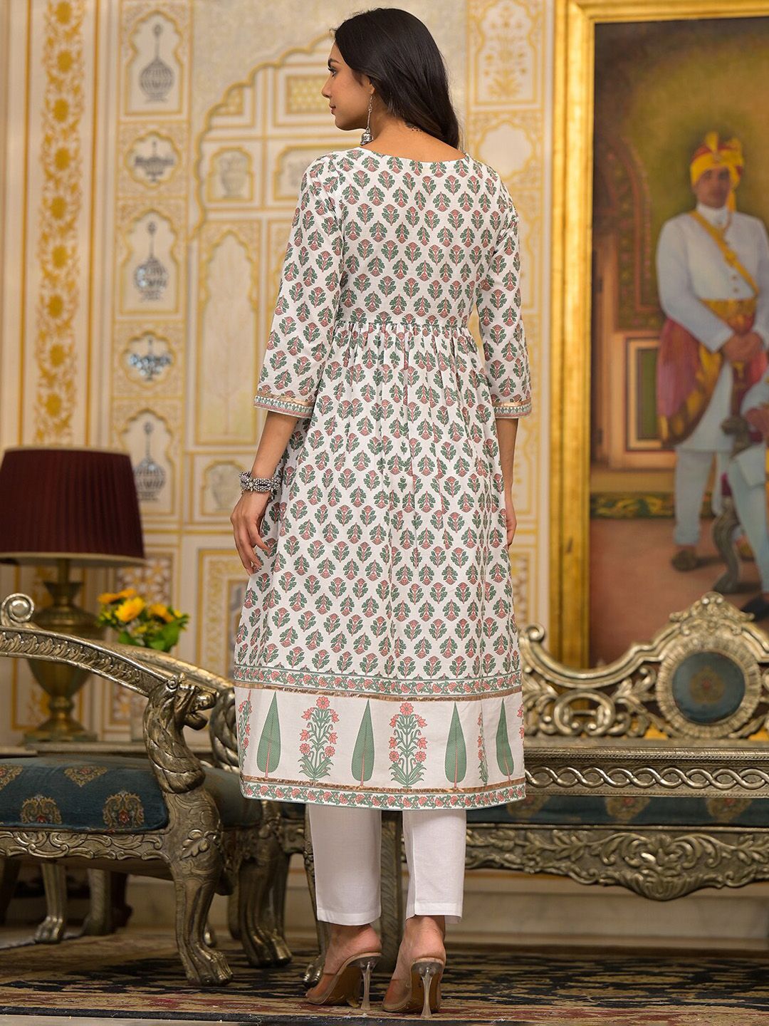 White Floral Printed Pleated Pure Cotton Kurta with Trouser & Dupatta