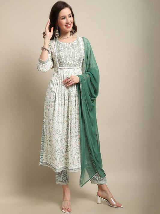 White & Green Floral Printed Mirror Work A-Line Kurta With Trouser & Dupatta