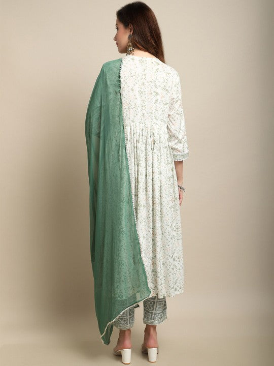 White & Green Floral Printed Mirror Work A-Line Kurta With Trouser & Dupatta