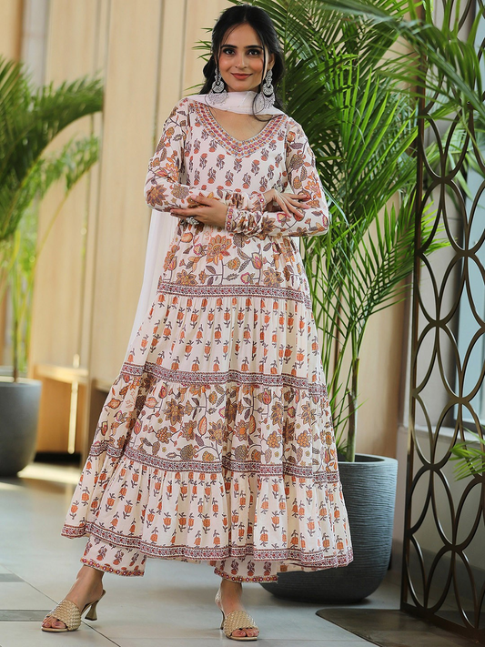 V Neck Long Sleeves Floral Printed Panelled Pure Cotton Kurta with Palazzo & Dupatta