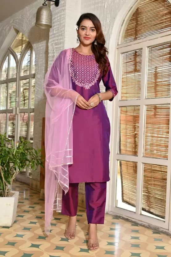 Women Art Silk Kurta Pant Dupatta Set