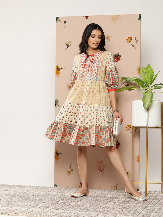 Women Beige & Red Printed Tiered Dress