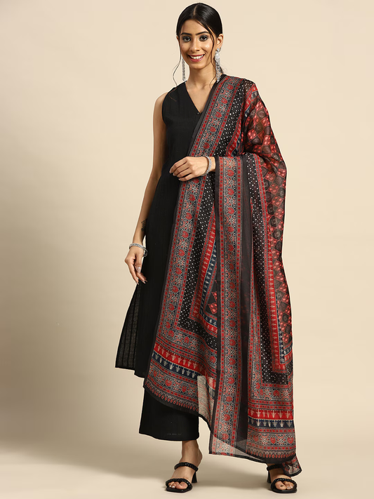 Women Black Ethnic Motifs Pure Cotton Kurta with Palazzos & Dupatta