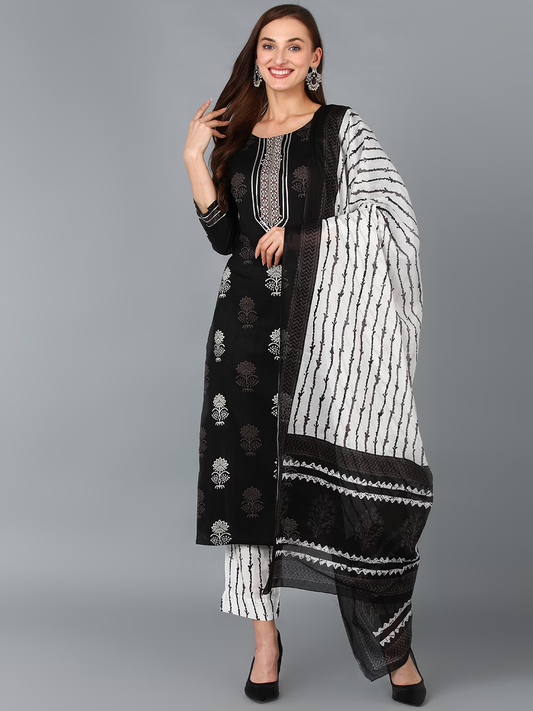 Women Black & White Printed Kurta with Trousers & Dupatta