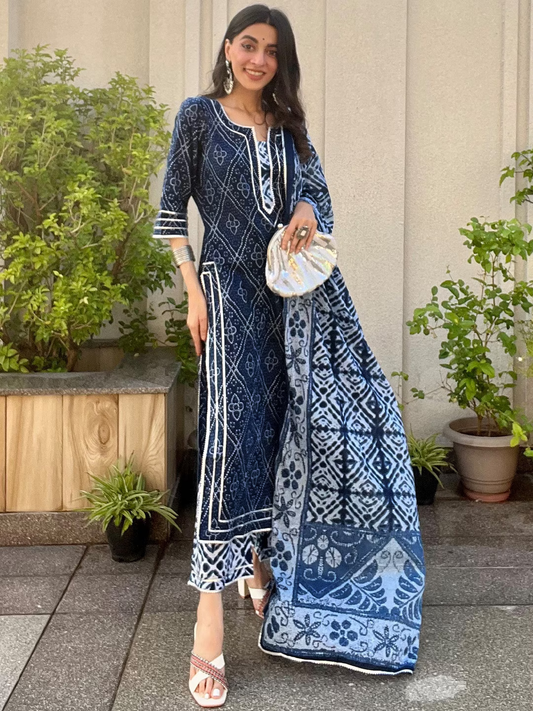 Women Blue Bandhani Printed Pure Cotton Kurta with Palazzos & Dupatta