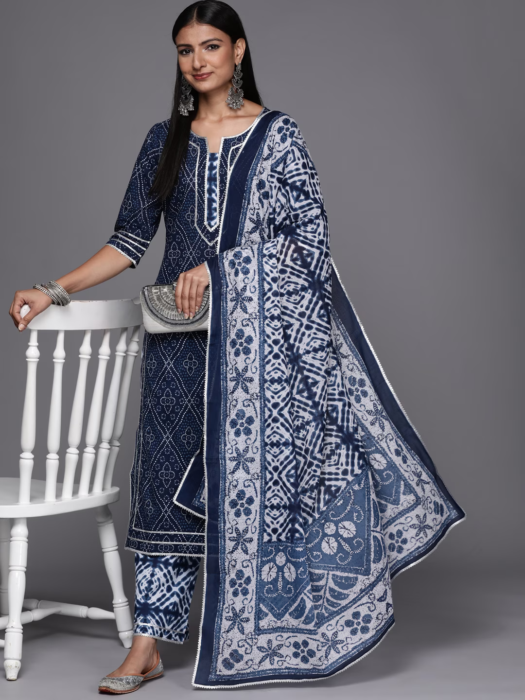 Women Blue Bandhani Printed Pure Cotton Kurta with Palazzos & Dupatta