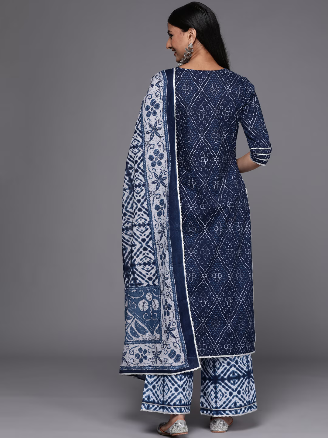 Women Blue Bandhani Printed Pure Cotton Kurta with Palazzos & Dupatta