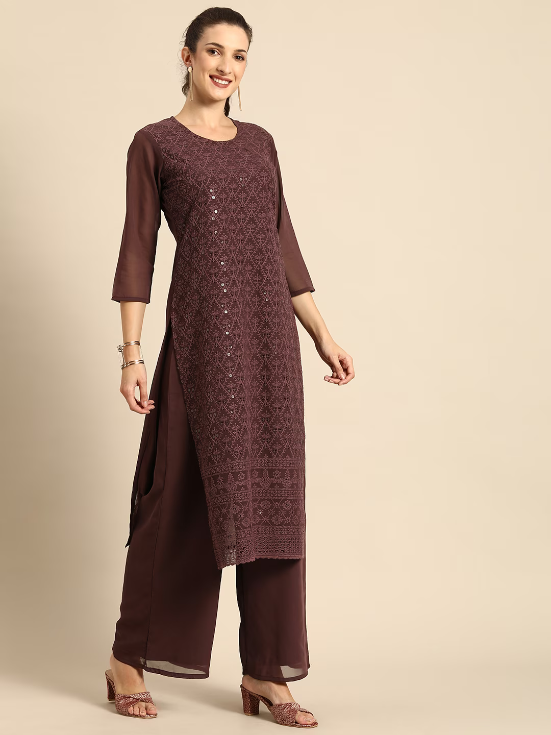 Women Brown Ethnic Motifs Embroidered Regular Chikankari Kurta with Palazzos