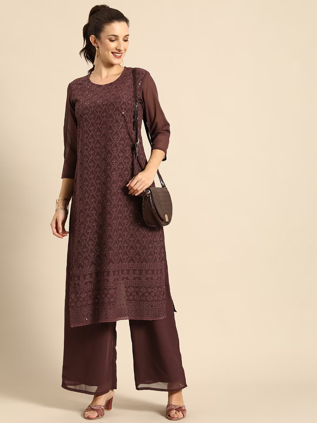 Women Brown Ethnic Motifs Embroidered Regular Chikankari Kurta with Palazzos