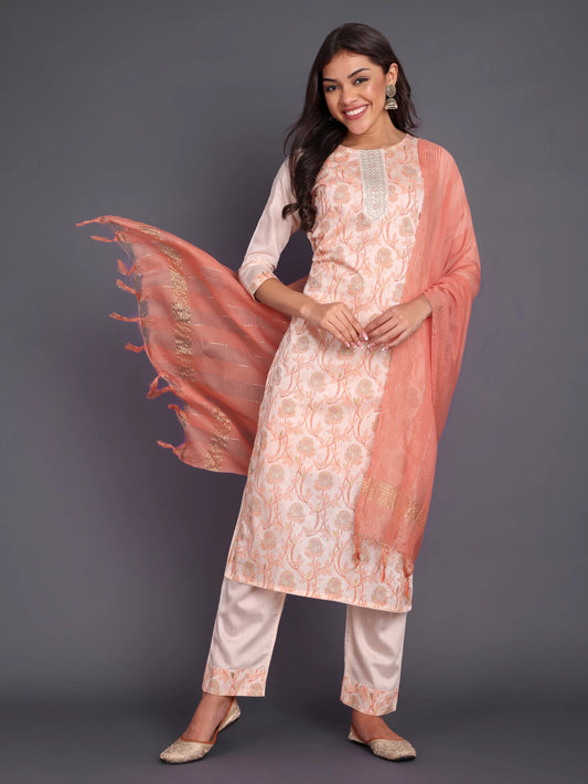 Women Chanderi Kurta Pant Dupatta Set