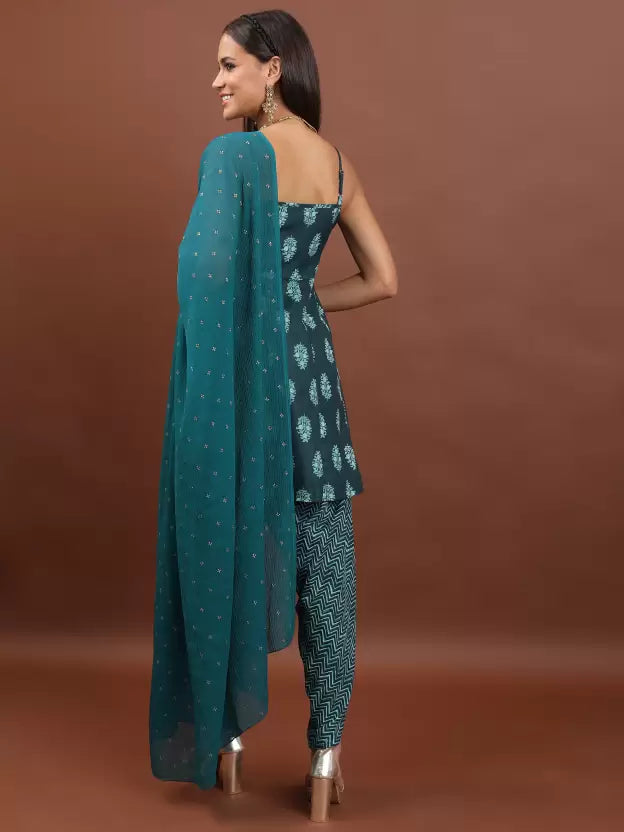 Women Cotton Blend Ethnic Top Dhoti Pant Dupatta Set