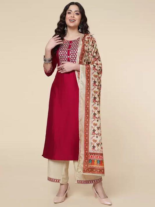 Women Cotton Blend Kurta Palazzo Dupatta Set