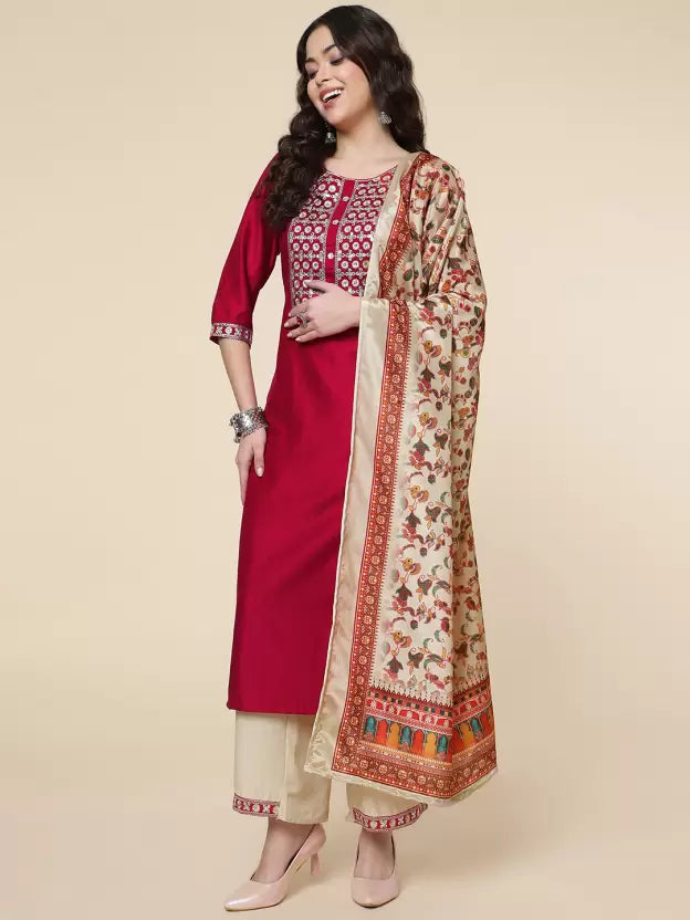 Women Cotton Blend Kurta Palazzo Dupatta Set