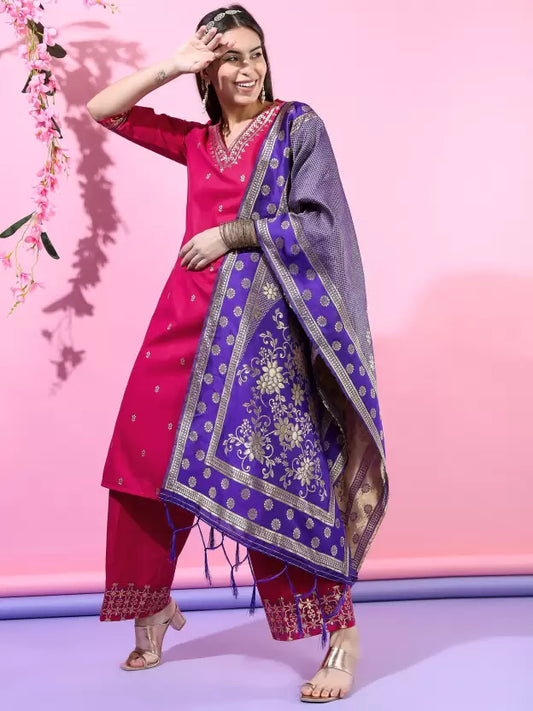 Women Cotton Blend Kurta Palazzo Set