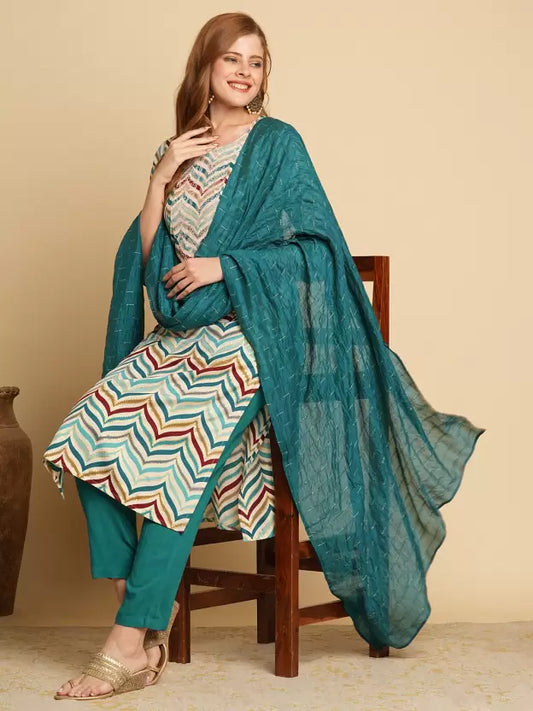 Women Cotton Blend Kurta Pant Attached Dupatta Set