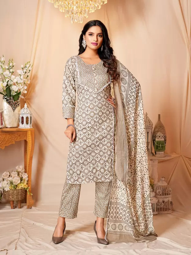 Women Cotton Blend Kurta Pant Dupatta Set