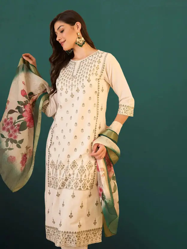 Women Cotton Blend Kurta Pant Dupatta Set