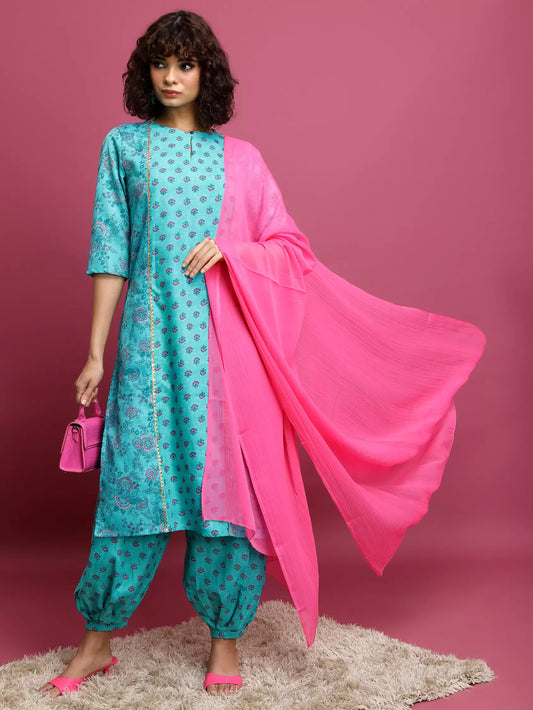 Women Cotton Blend Kurta Salwar Dupatta Set