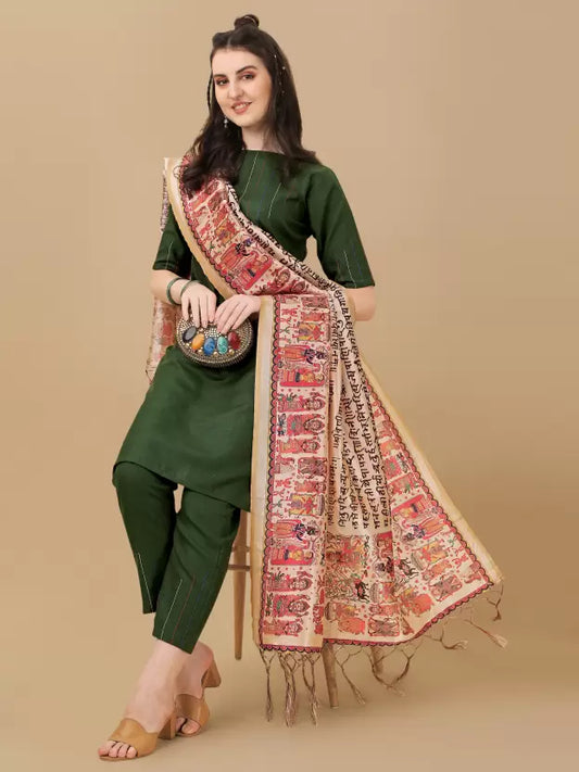 Women Green Cotton Blend Kurta Pant And Dupatta Set