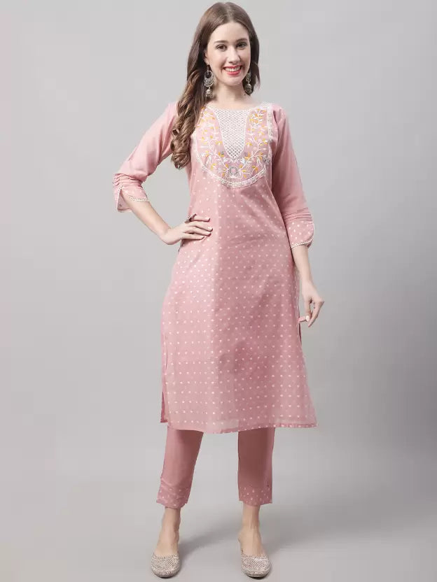 Women Cotton Blend Kurti Trouser Set