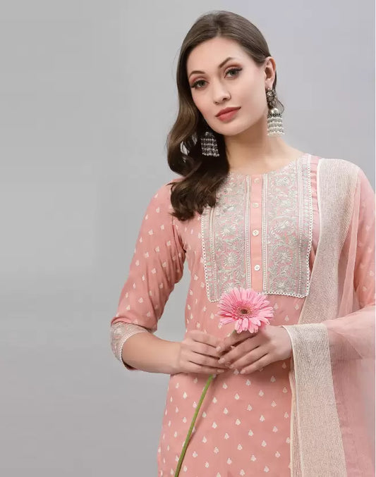 Women Cotton Blend, Silk Blend Kurta, Pant And Dupatta Set